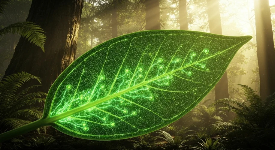 A cross-section of a plant leaf, illustrating the intricate pathways of photosynthesis with glowing 