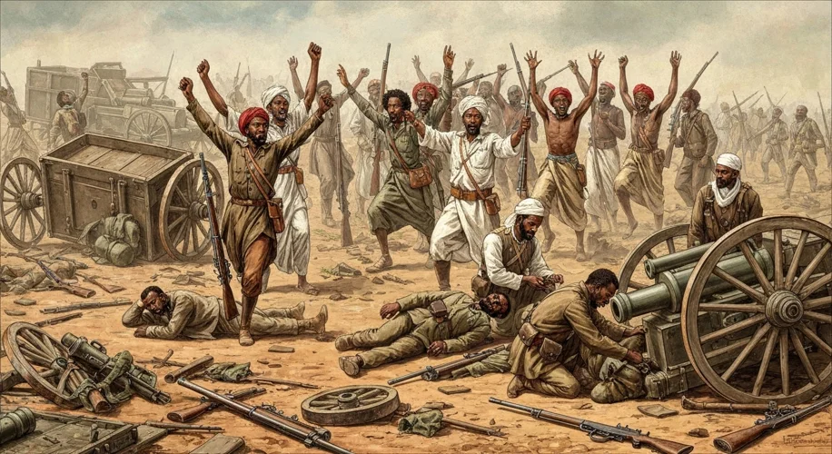 The chaotic aftermath of the Battle of Adwa: Ethiopian soldiers, some armed with rifles and cannons,