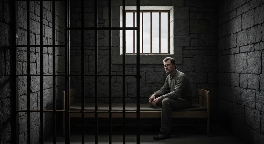 A stark, dimly lit county jail cell from the early 20th century. A single barred window shows a sliv