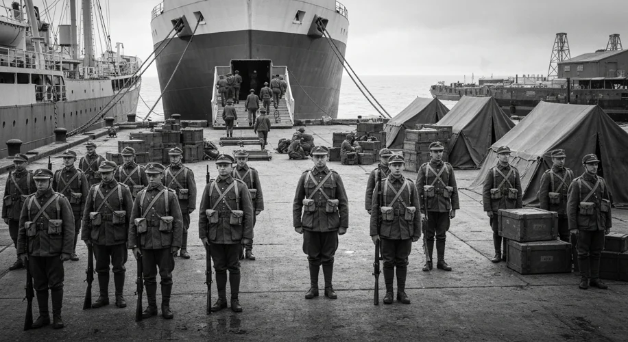 A black and white photograph of New Zealand soldiers in uniform, standing with rifles, looking deter