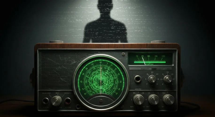 A vintage shortwave radio receiver with a green luminous dial, displaying static, with a faint, ghos