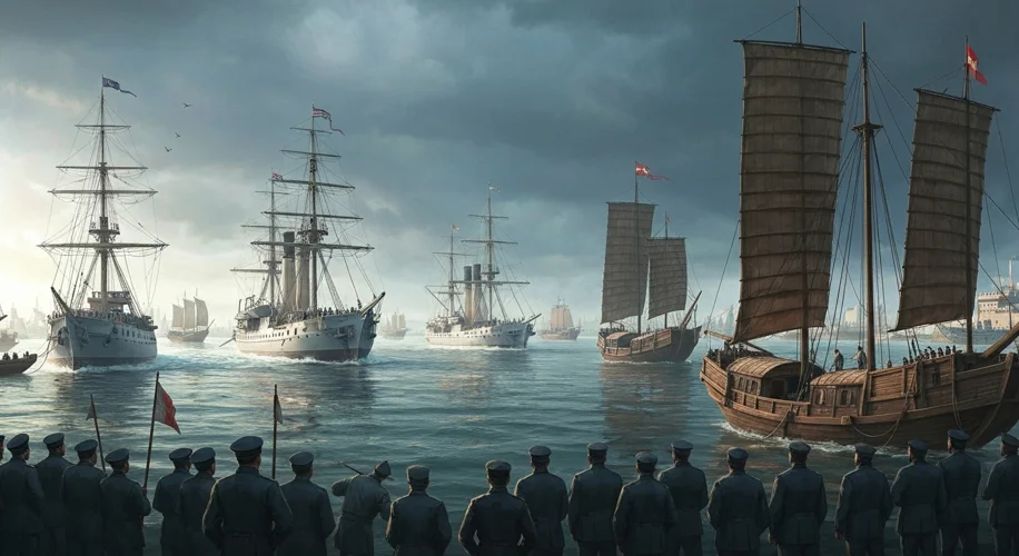 A dramatic scene depicting British ships arriving at the port of Guangzhou (Canton) in the 1830s, wi