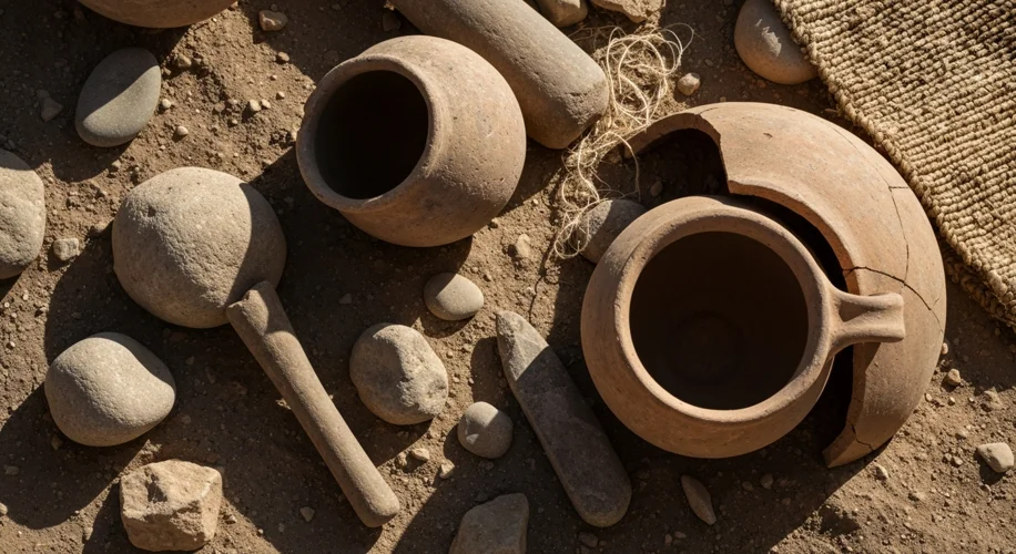 A close-up of ancient pottery shards and other archaeological findings unearthed at Masada, hinting 