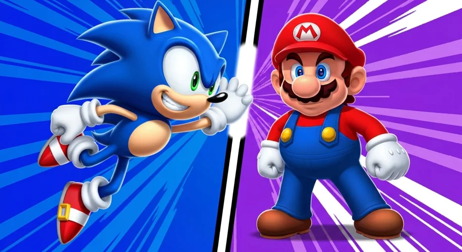 A dynamic split-screen image showcasing Sonic the Hedgehog in a blue blur racing past a more stoic, 