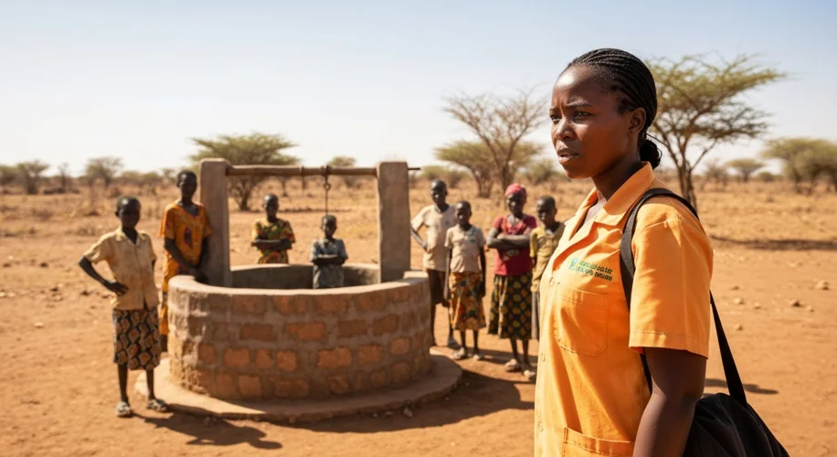 A determined female health worker in rural Africa, wearing a bright uniform and carrying a satchel, 