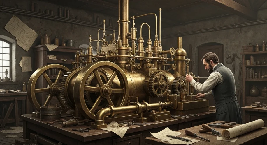 A depiction of James Watt tinkering with his improved steam engine, with intricate gears and pipes, 