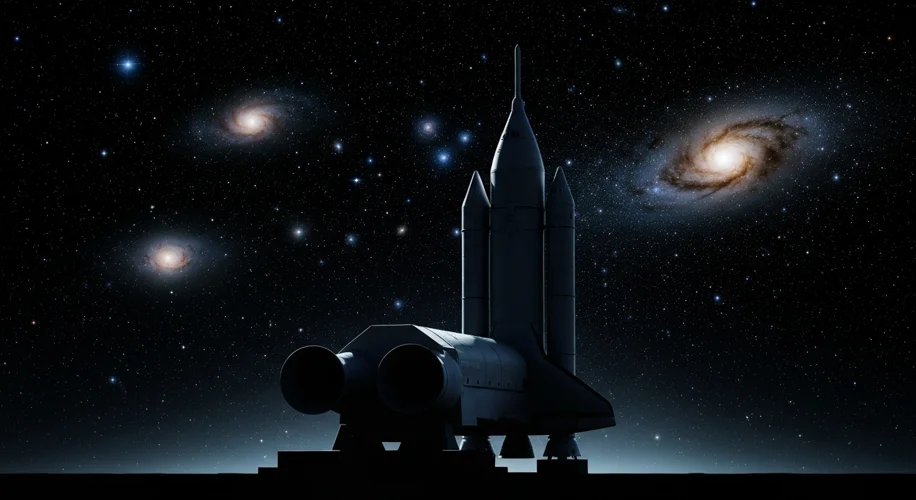 A vast, dark sky filled with stars and galaxies. In the foreground, a silhouetted NASA rocket sits o