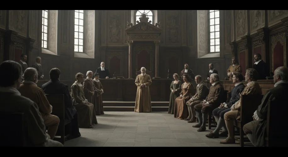 A 14th-century Italian courtroom scene with a doctor presenting findings from a dissection of a body