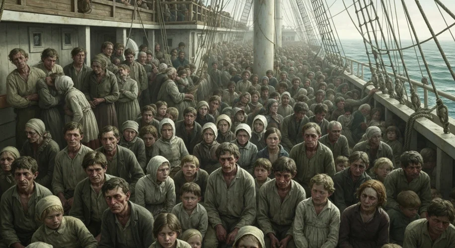 A crowded steerage deck of a 19th-century ship sailing across the Atlantic. Emaciated Irish men, wom