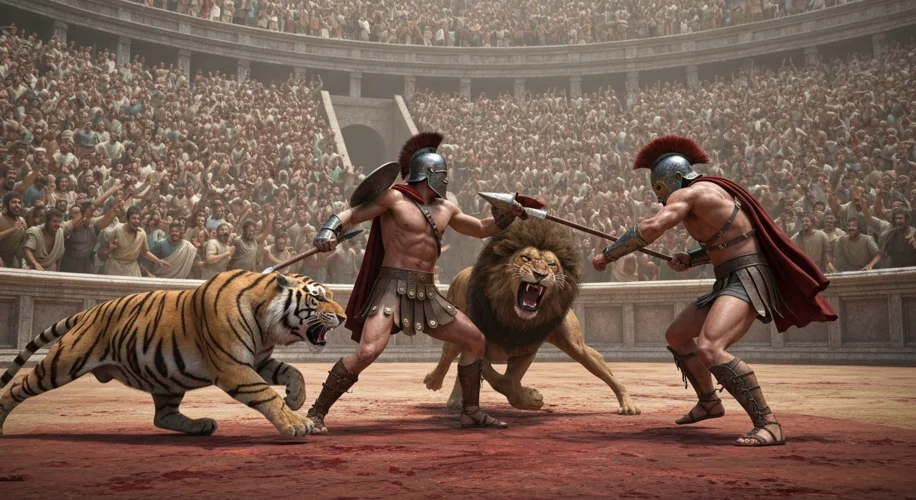 A dramatic scene inside the Roman Colosseum, showing gladiators in combat with lions, with a roaring