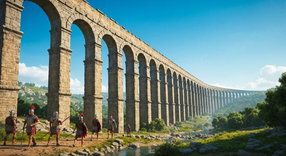 An artistic rendition of a majestic Roman aqueduct spanning a verdant valley, with Roman soldiers ma