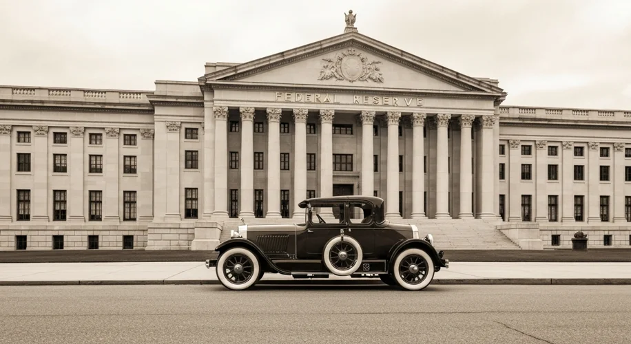 A sepia-toned photograph of the Federal Reserve building in Washington D.C., with a classic 1910s au