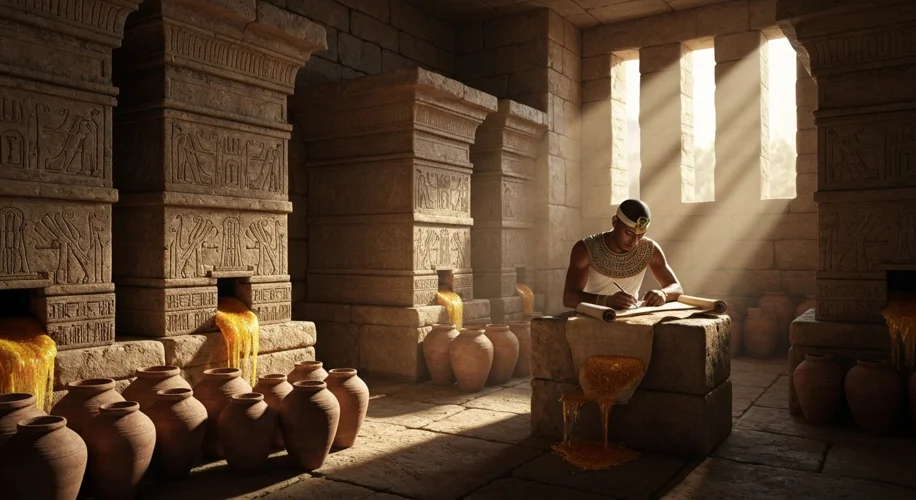 An ancient Egyptian scribe meticulously records the harvest of honey from beehives, with hieroglyphs