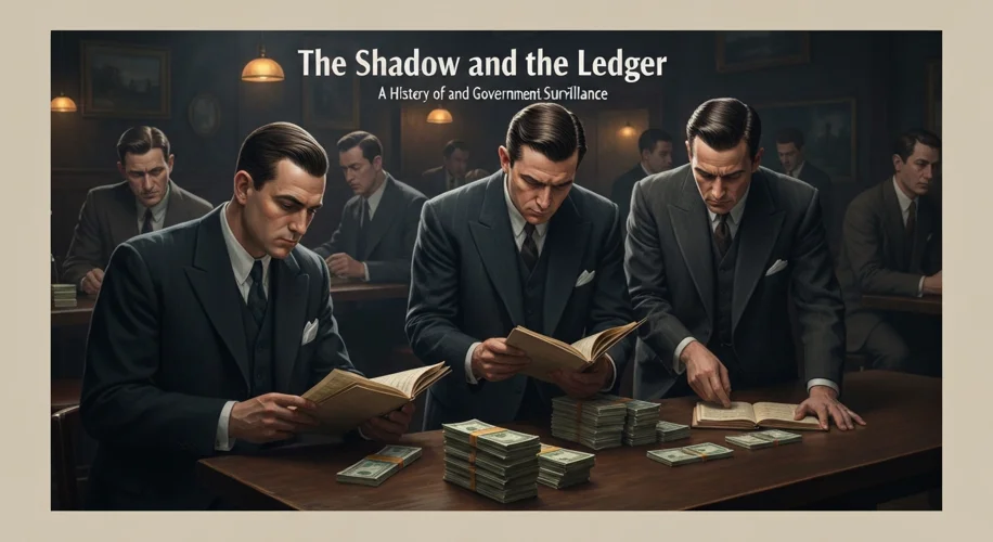 A dimly lit, smoky 1930s speakeasy. Eliot Ness and his men are in suits, examining ledgers and stack