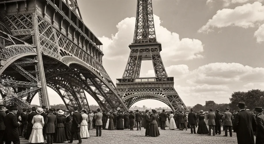A vintage black and white photograph of Parisians and tourists admiring the fully constructed Eiffel