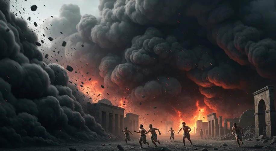 A dramatic depiction of the pyroclastic surge engulfing Pompeii, with dark ash clouds, falling debri