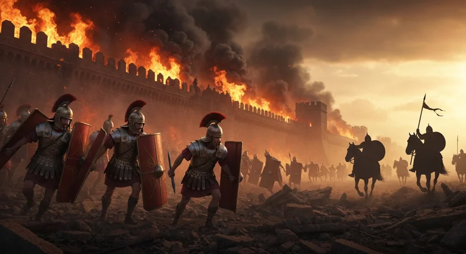 A dramatic scene of Roman legionaries retreating from a burning city wall, with figures of Germanic 