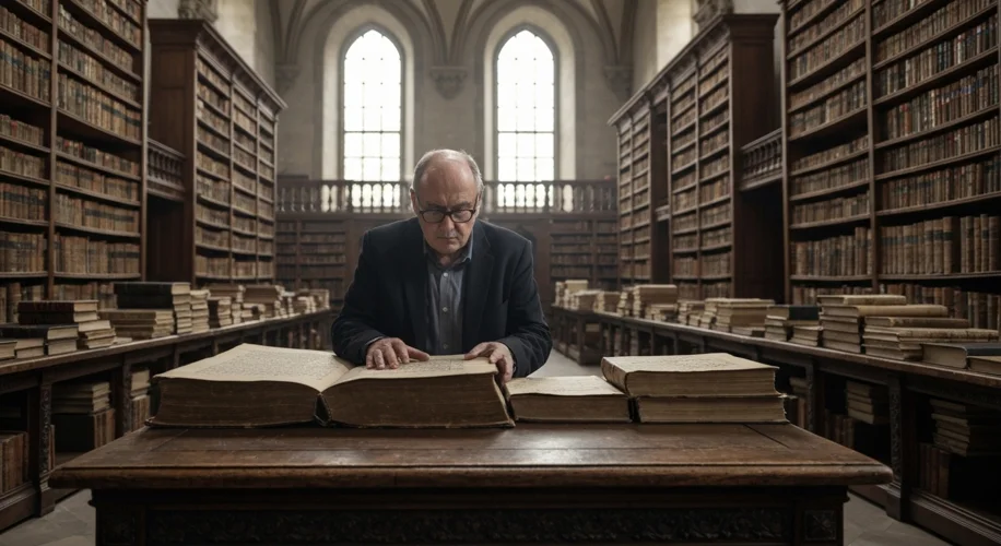 A dimly lit, grand library filled with old books and manuscripts. A man in his late 50s with glasses