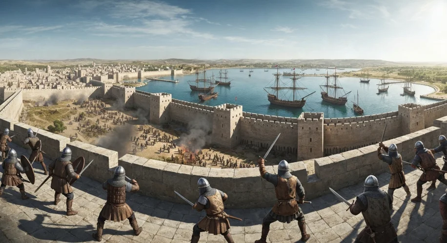 A panoramic view of the medieval city of Acre under siege, with Crusader ships in the harbor and sol