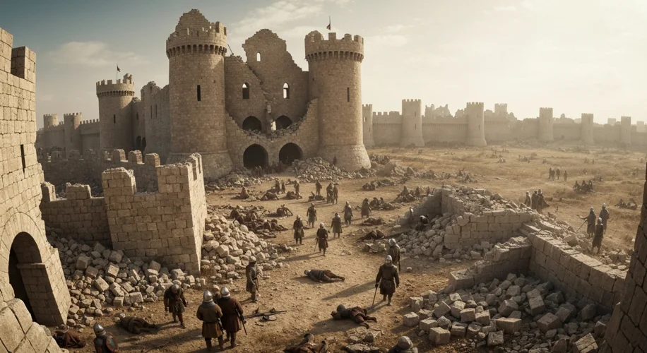 A dramatic scene of knights in armor clashing in battle during a Crusade, with dust and chaos surrou