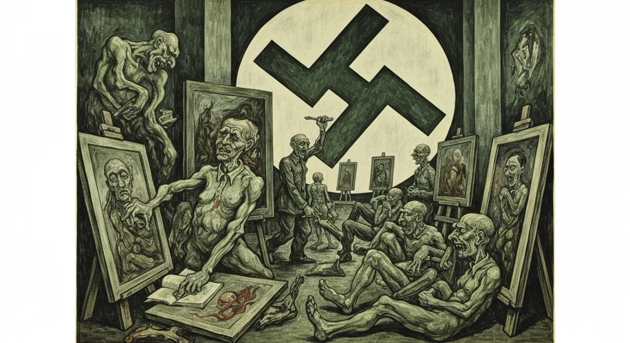 A stark, propaganda-style poster depicting distorted, grotesque figures in a chaotic art exhibition,