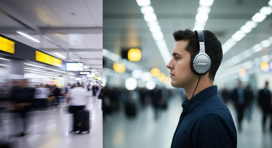 A split image: one side shows a chaotic, noisy airport terminal; the other side shows a person weari