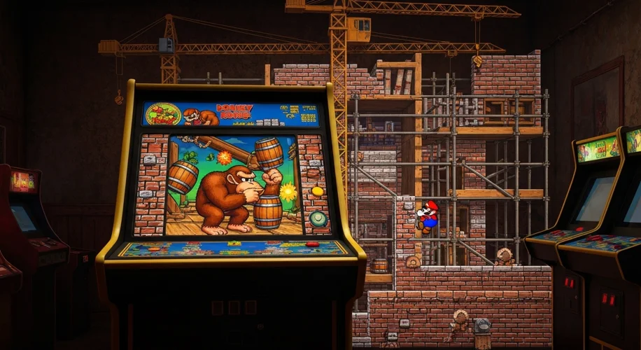 A retro arcade cabinet displaying the original Donkey Kong game, with Donkey Kong throwing barrels a