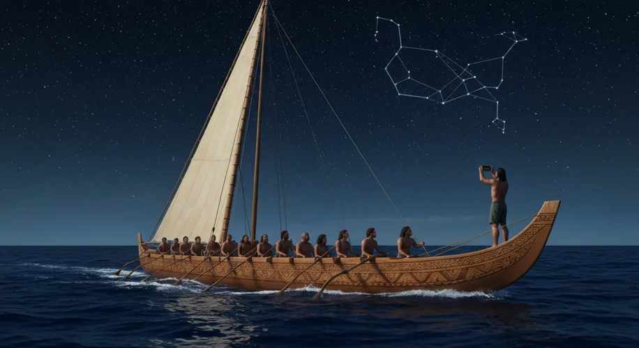 A Polynesian voyaging canoe with a large sail navigates a vast, star-filled Pacific Ocean at night. 