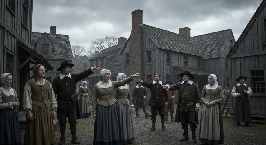A somber colonial village scene in Salem, Massachusetts, 1692, with wooden buildings and a stark, ov