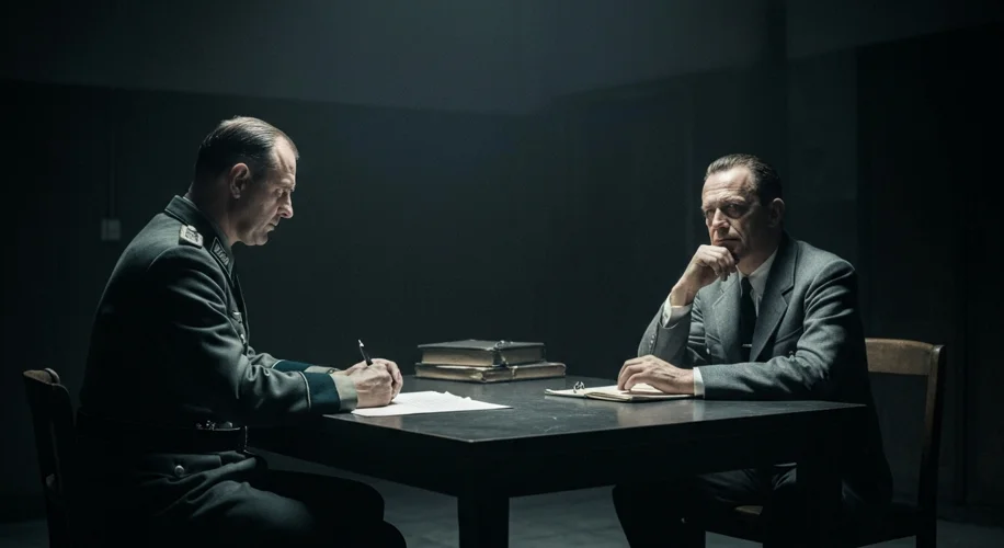 A dimly lit, grim interrogation room in Nazi Germany, with a stern-faced Gestapo officer seated oppo