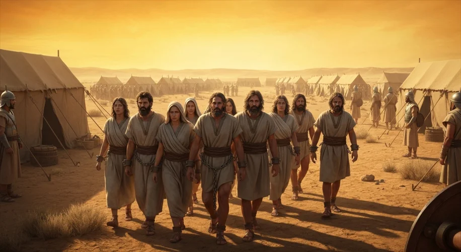 An ancient Israelite camp with tents and soldiers, a group of captured men and women are being led i