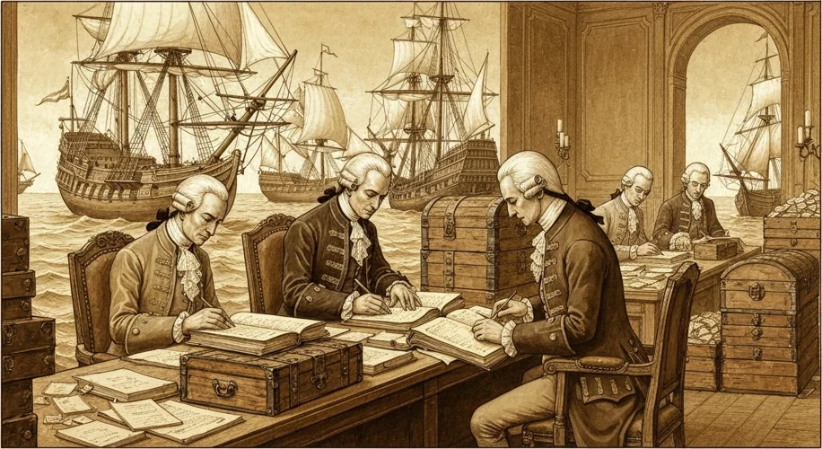 A sepia-toned illustration depicting East India Company officials in ornate attire, surrounded by st