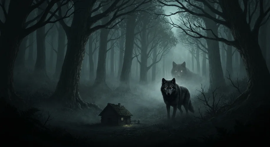 A dark, medieval European forest at dusk, with a shadowy wolf emerging from the trees, its eyes glow