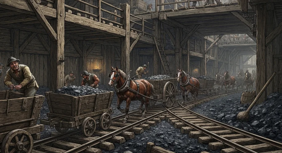 A historical illustration of early wooden tramways in a 17th-century English coal mine, with horses 