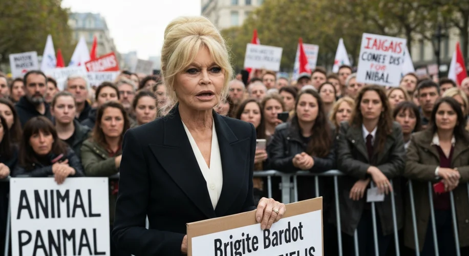 Brigitte Bardot as an older woman, passionately addressing a crowd or protesting with signs about an