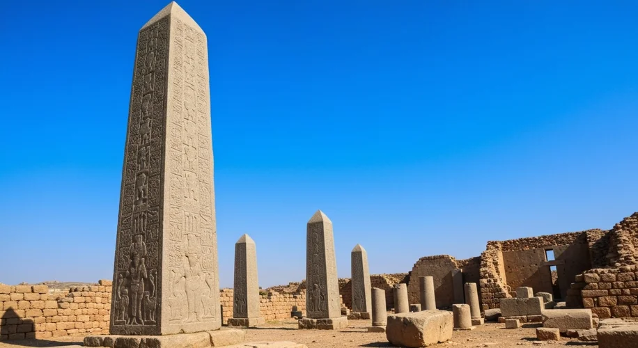 The imposing Great Stele of Aksum, a massive, intricately carved granite obelisk, standing tall agai