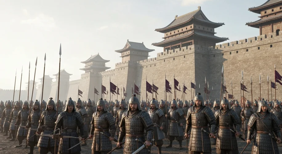 A meticulously detailed illustration of Song Dynasty soldiers in formation, showcasing diverse armor
