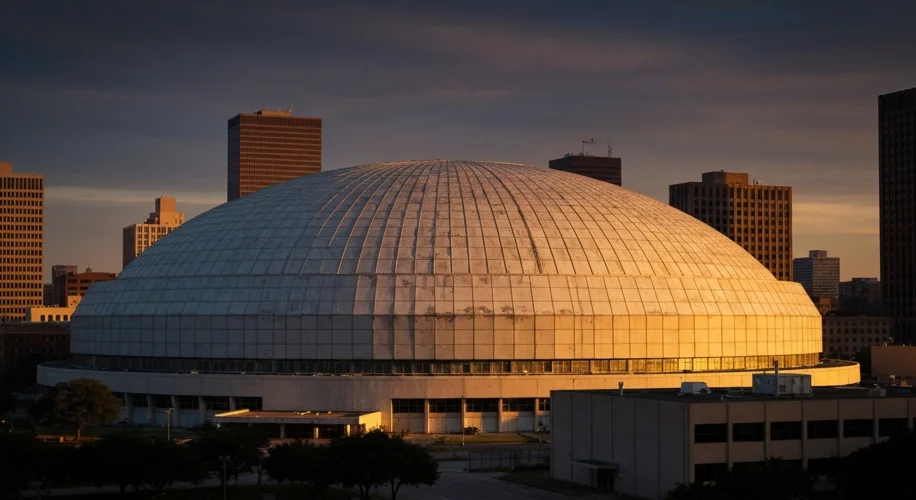 An exterior shot of the Houston Astrodome at sunset, showing its iconic circular structure and the s