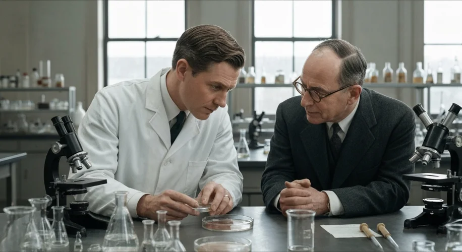 Howard Florey and Ernst Chain in a dimly lit Oxford laboratory, surrounded by laboratory equipment a
