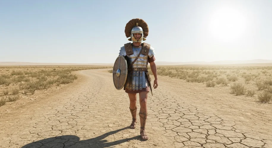 A Roman legionary marching in formation, carrying his sarcina containing rations. The background sho