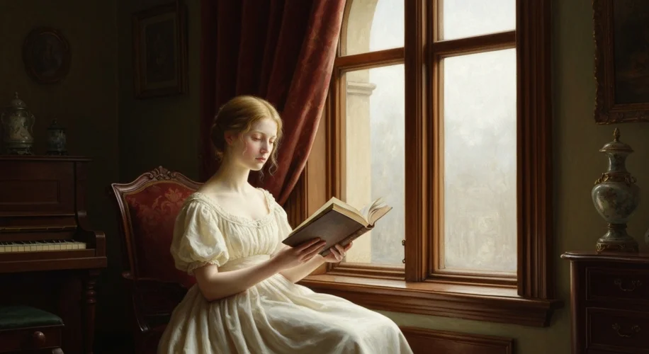 A 19th-century painting depicting a young woman, pale and frail, sitting by a window, bathed in soft