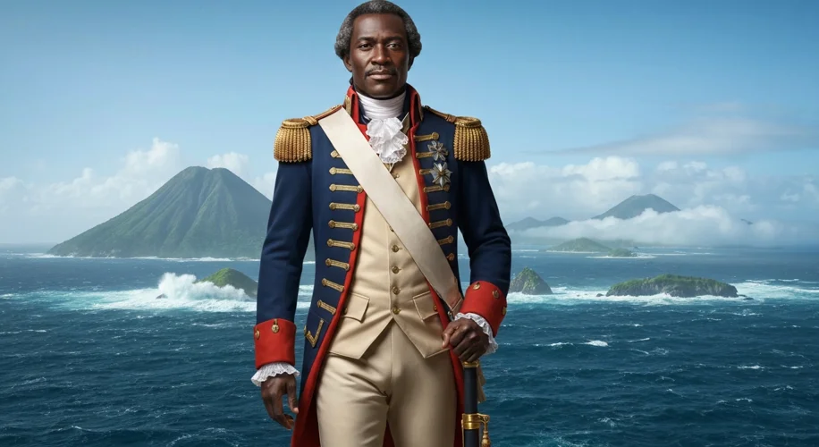 A portrait of Toussaint Louverture in military attire, depicted as a resolute and intelligent leader