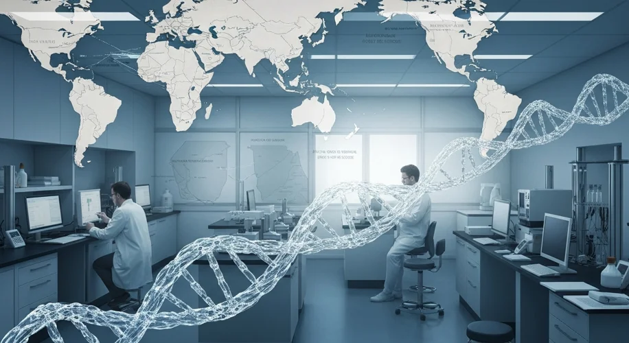 Ancient DNA strands being analyzed in a modern laboratory, with historical maps showing the spread o