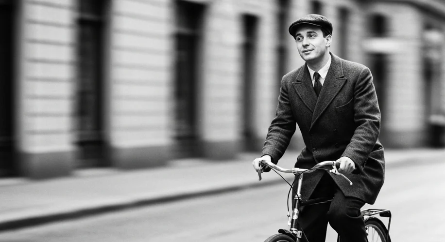 A black and white photo of Albert Hofmann riding a bicycle, looking slightly dazed, with a cityscape