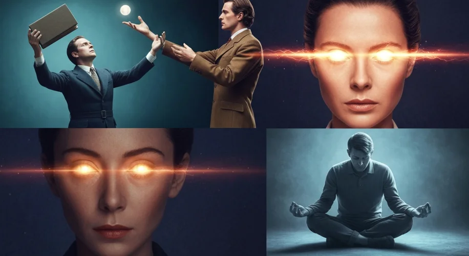 A collage of iconic 20th-century sci-fi and fantasy characters demonstrating psychic abilities: a fi