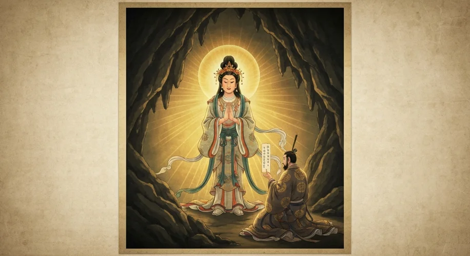 An ancient Japanese scroll depicting the sun goddess Amaterasu emerging from a cave, with an emperor