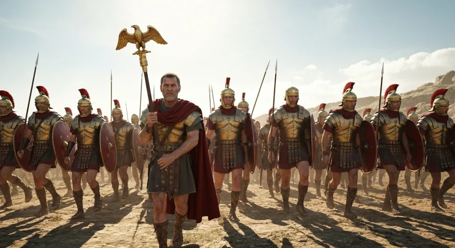 A Roman legionary holding a golden eagle standard high, with a backdrop of Roman soldiers marching i