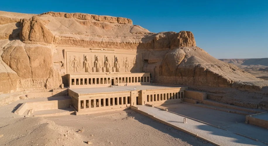 The stunning mortuary temple of Hatshepsut at Deir el-Bahari, with its multi-level terraces carved i