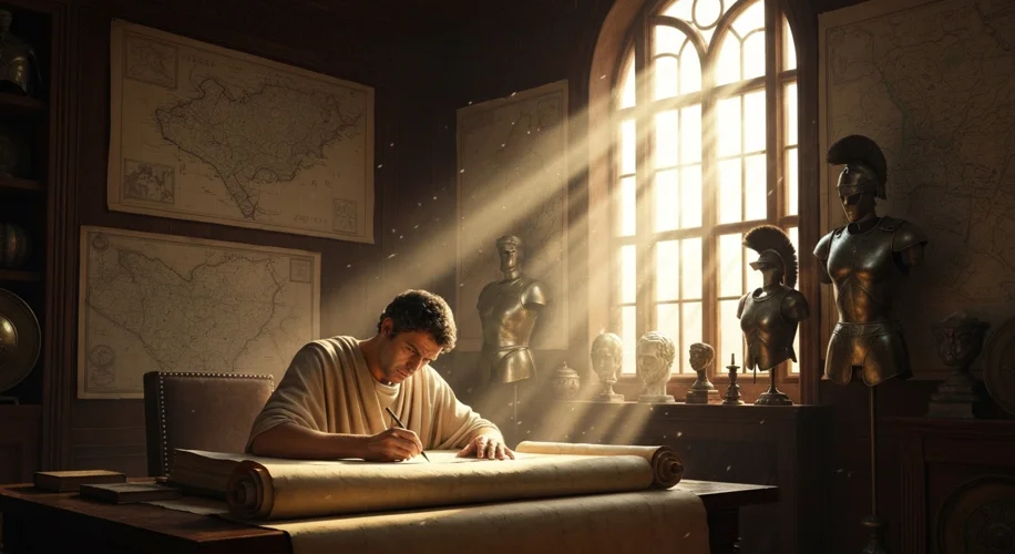 An ancient Greek historian, Thucydides, writing on a scroll in a dimly lit study, surrounded by maps