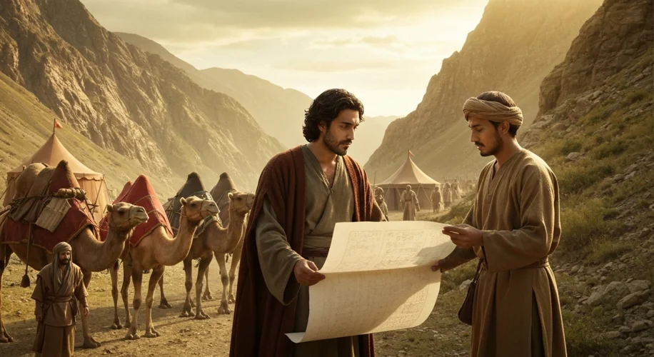 A medieval Silk Road caravan passing through mountains, with one merchant showing a roll of Chinese 